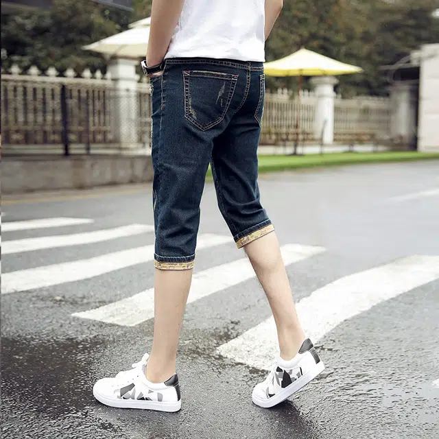 潮人榜 夏季薄款高端潮牌刺绣设计感修身弹力七分裤潮流百搭痞帅美式牛仔短裤 男款