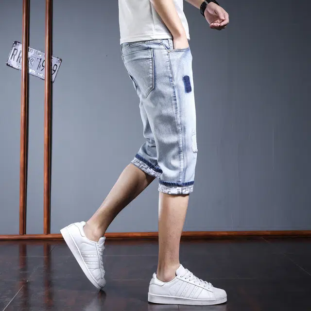 潮人榜 夏季薄款高端潮牌设计感修身七分裤潮流百搭破洞痞帅牛仔短裤 男款