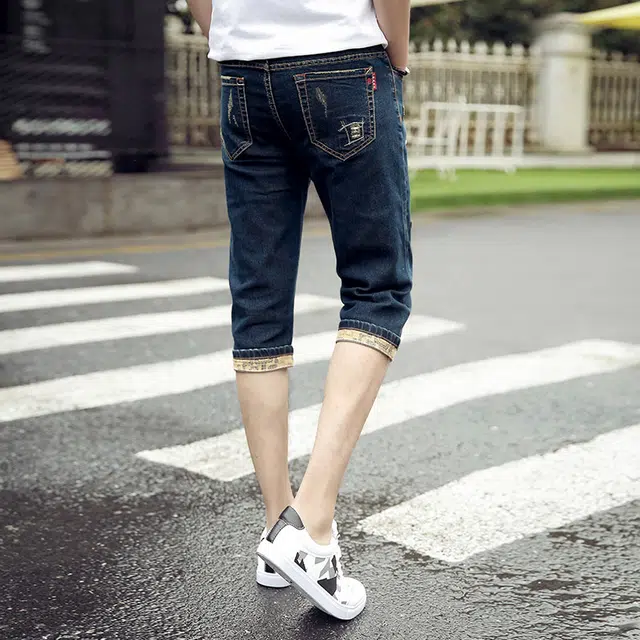 潮人榜 夏季薄款高端潮牌刺绣设计感修身弹力七分裤潮流百搭痞帅美式牛仔短裤 男款