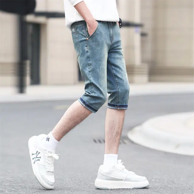 潮人榜 夏季薄款美式潮牌复古高级感修身弹力七分裤潮流百搭痞帅高端牛仔短裤 男款