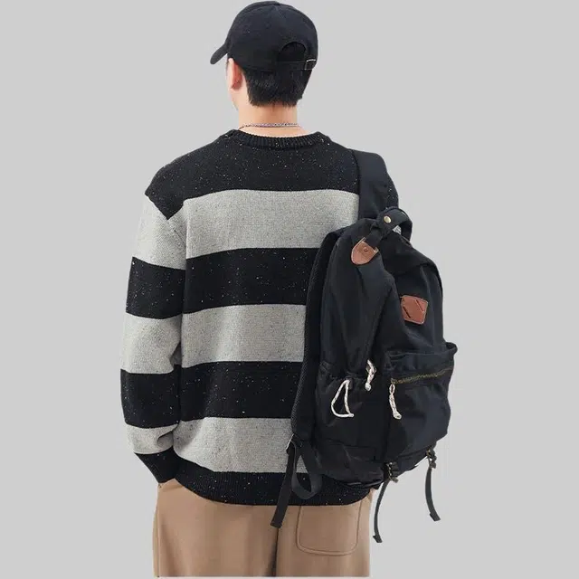 潮人榜 美式高街圆领条纹提花设计感秋冬季潮牌日系复古宽松毛线衣百搭休闲情侣针织衫 男女同款