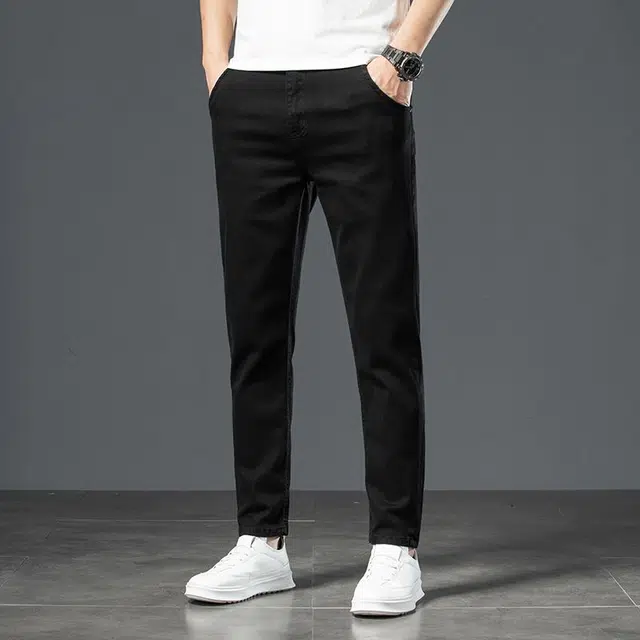 潮人榜 秋冬季黑色高端潮牌百搭中腰显高直筒厚款柔软舒适日常通勤商务弹力修身牛仔裤 男女同款