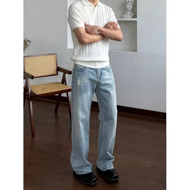 潮人榜 美式闪电裂纹水洗蓝复古做旧秋季百搭潮牌宽松阔腿休闲直筒微喇叭磨破洞牛仔裤 男女同款