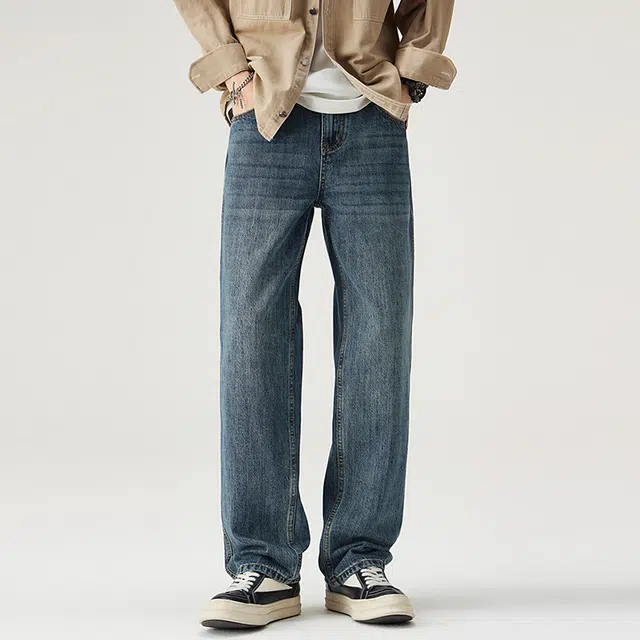 潮人榜 美式高街复古做旧水洗潮流长裤子秋冬潮牌百搭宽松直筒休闲时尚高端阔腿牛仔裤 男女同款
