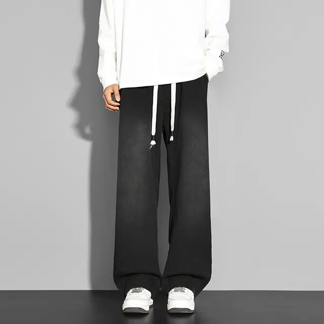 潮人榜 美式高街松紧腰抽绳拼接潮牌百搭小众设计感宽松莱赛尔直筒显瘦阔腿休闲裤 男款