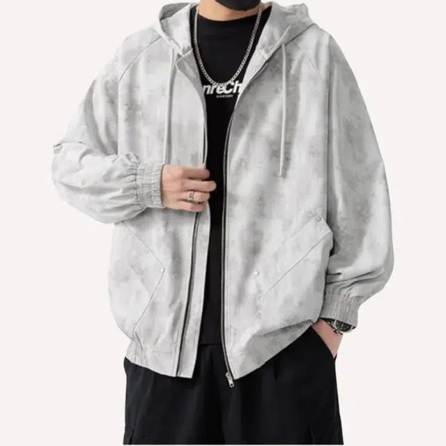 潮人榜 美式高街秋季防风防水肌理感休闲百搭潮牌简约大码落肩长袖宽松连帽夹克 男女同款