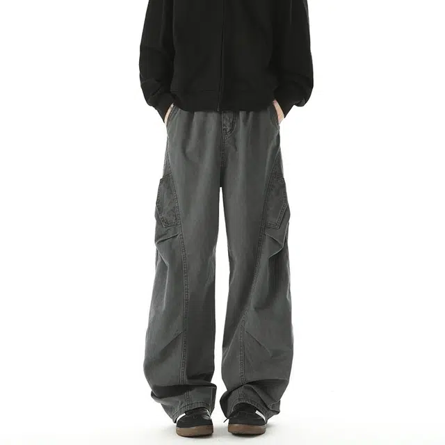 潮人榜 美式高街复古洗褪宽松潮牌百搭直筒弯刀感拖地长裤子阔腿工装休闲裤 男款