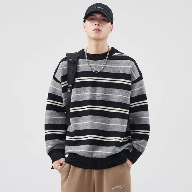 潮人榜 美式高街冬季圆领条纹提花设计感潮牌日系复古百搭休闲套头情侣毛线衣长袖针织衫 男女同款
