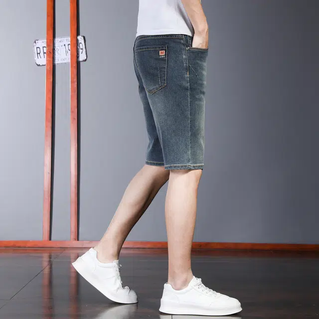 潮人榜 夏季薄款高端潮牌复古修身弹力五分裤潮流百搭痞帅美式牛仔短裤 男款