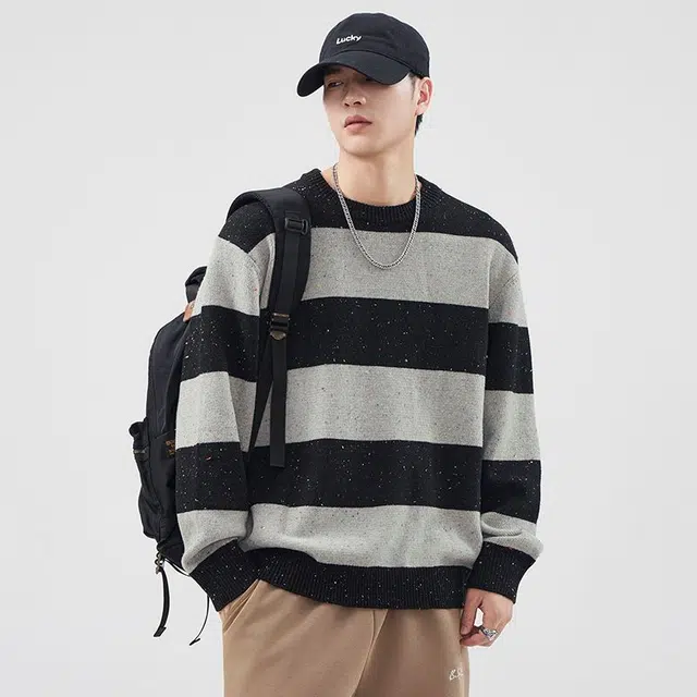 潮人榜 美式高街圆领条纹提花设计感秋冬季潮牌日系复古宽松毛线衣百搭休闲情侣针织衫 男女同款
