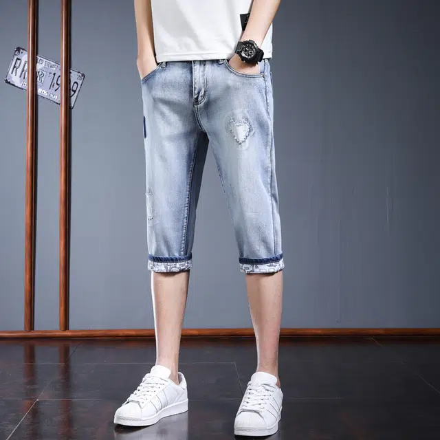 潮人榜 夏季薄款高端潮牌设计感修身七分裤潮流百搭破洞痞帅牛仔短裤 男款