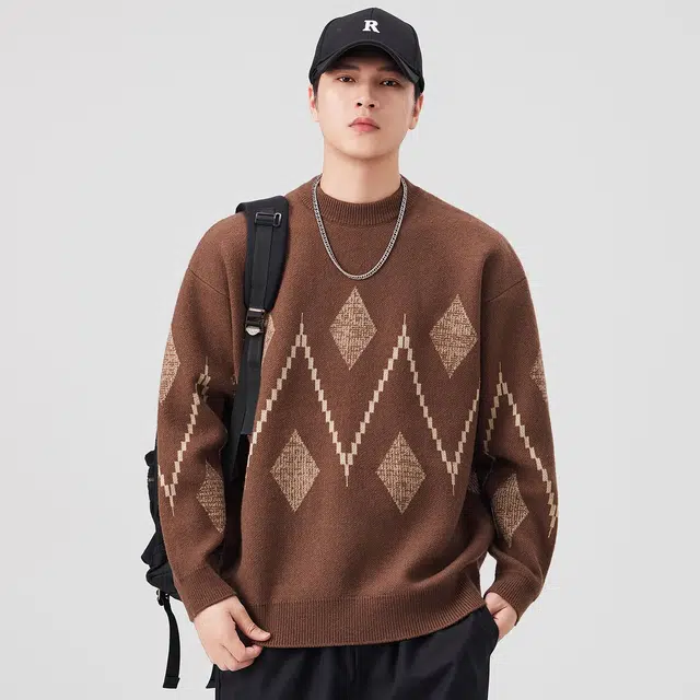 潮人榜 美式高街圆领提花设计感潮牌日系复古宽松套头落肩百搭休闲秋冬季针织衫 男女同款