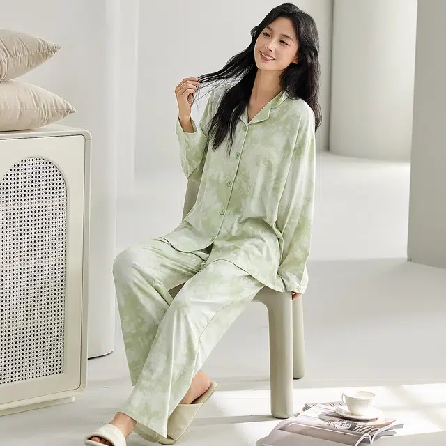 顶瓜瓜 简约开衫舒适休闲风长袖翻领设计家居服睡衣套装 女款