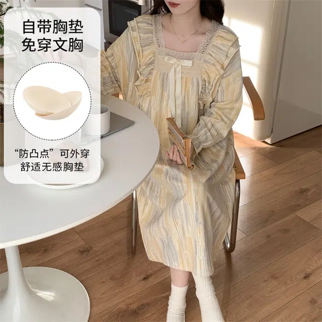 顶瓜瓜 带胸垫简约透气舒适长袖家居服睡裙 女款