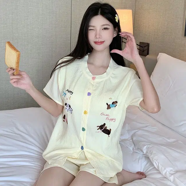 顶瓜瓜 家居女黄小狗印花简约休闲风可外穿短袖三件套服睡衣礼盒 女款