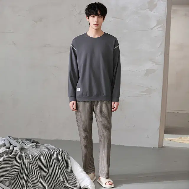 顶瓜瓜 圆领设计纯棉亲肤舒适可外穿家居服睡衣套装 男款