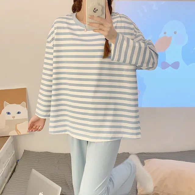 顶瓜瓜 圆领条纹简约舒适可外穿家居服睡衣套装 女款