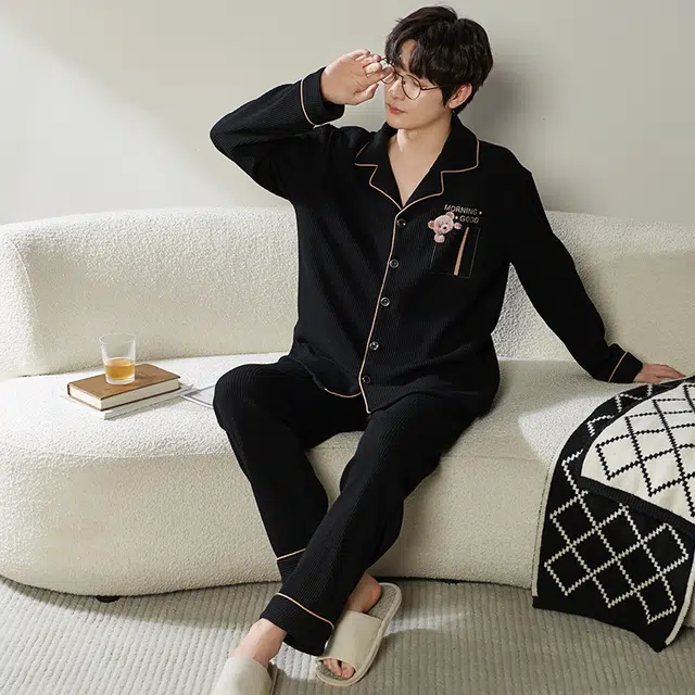 顶瓜瓜 翻领设计带小熊图案华夫格舒适亲肤透气可外穿家居服睡衣套装 男女同款