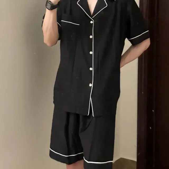 顶瓜瓜 云朵棉双短两件套简约纯色翻领开衫家居服可外穿薄款睡衣套装 男款