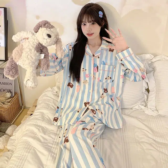 顶瓜瓜 条纹卡通动物翻领简约舒适亲肤透气面料可外穿家居服睡衣套装 女款