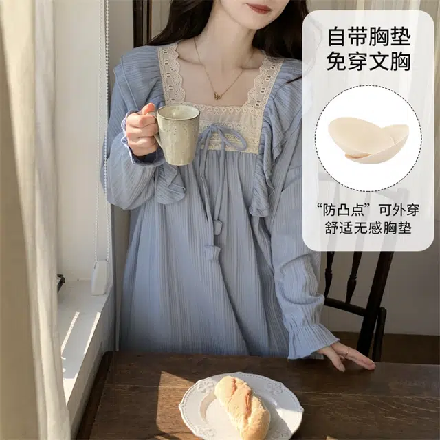 顶瓜瓜 带胸垫家居亲肤简约透气舒适长袖方领服睡裙 女款