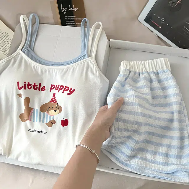 顶瓜瓜 可爱小狗图案无袖吊带简约舒适带胸垫可外穿家居服三分裤睡衣套装 女款