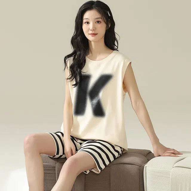 顶瓜瓜 简约舒适无袖条纹短裤家居服睡衣礼盒 女款