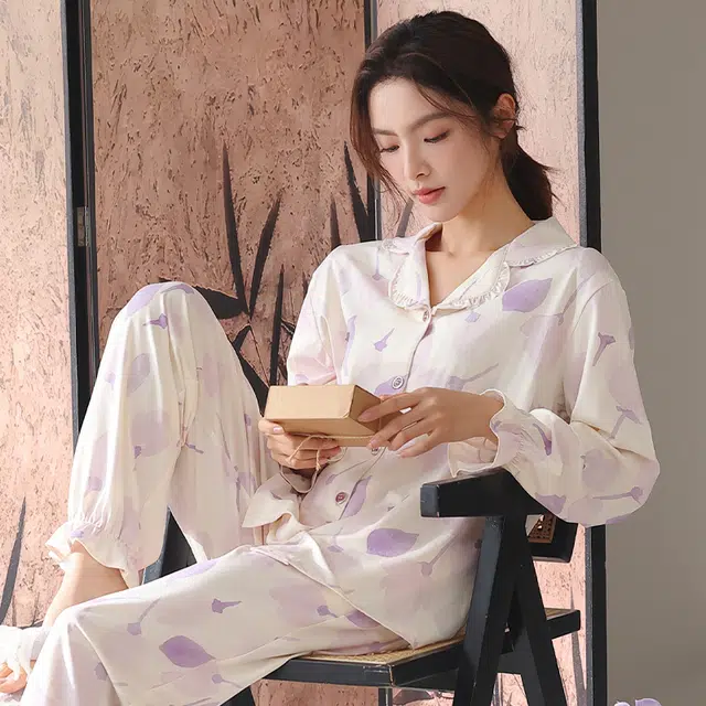 顶瓜瓜 国风长袖长裤休闲舒适花瓣家居服睡衣套装 女款