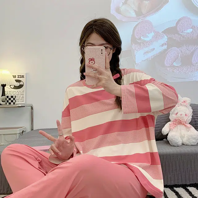 顶瓜瓜 渐变圆领条纹图案设计简约舒适可外穿家居服睡衣套装 女款