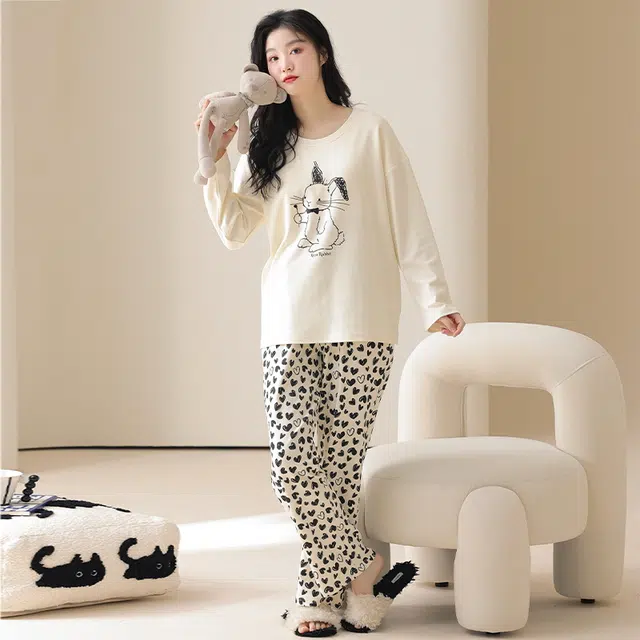 顶瓜瓜 小兔子图案简约舒适纯棉面料可外穿家居服睡衣套装 女款