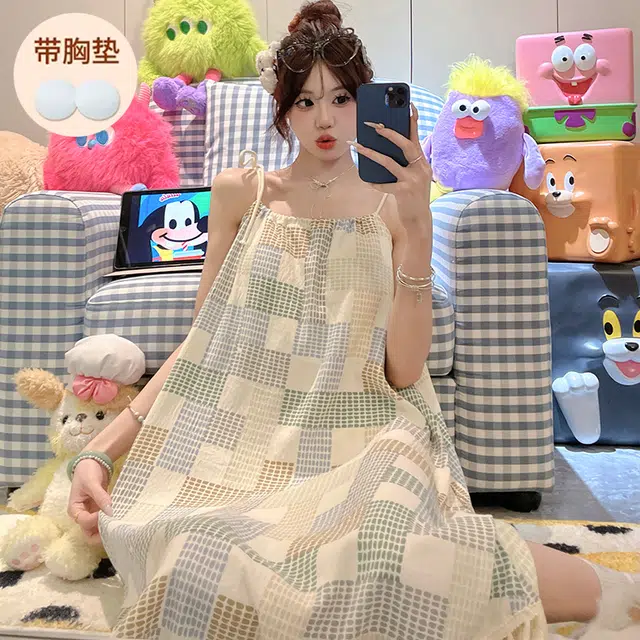 顶瓜瓜 不可拆卸胸垫性感吊带无袖格子条纹休闲家居服睡裙 女款 图片色