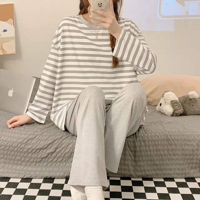 顶瓜瓜 圆领条纹图案设计简约舒适可外穿家居服睡衣套装 女款