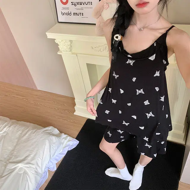 顶瓜瓜 莫代尔带胸垫性感吊带短裤可爱甜美纯色蝴蝶两件套家居服夏季睡衣套装 女款