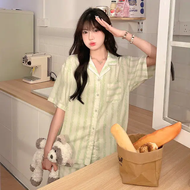 顶瓜瓜 棉质短袖短裤翻领开衫清新条纹两件套家居服夏季睡衣套装 女款