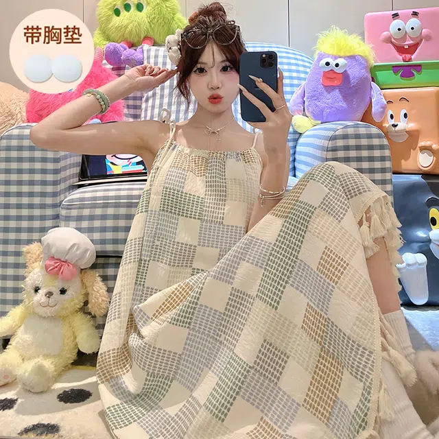 顶瓜瓜 不可拆卸胸垫性感吊带无袖格子条纹休闲家居服睡裙 女款 图片色