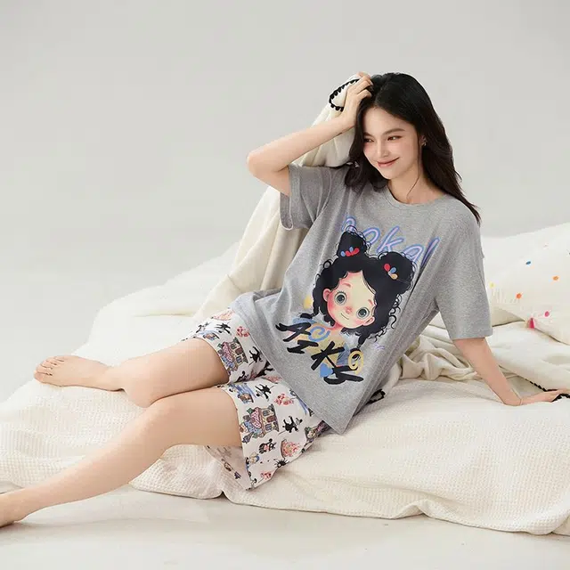 顶瓜瓜 棉质短袖短裤圆领套头可爱卡通女孩家居服夏季睡衣礼盒 女款