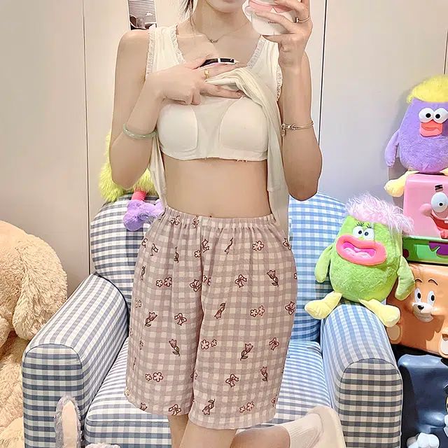 顶瓜瓜 带胸垫无袖上衣短裤泡泡皱圆领套头可爱卡通小狗休闲两件套家居服夏季睡衣套装 女款