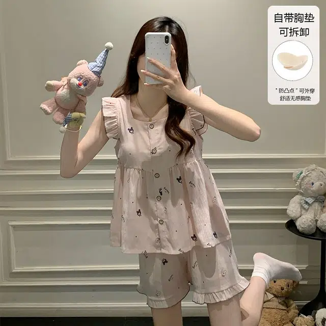 顶瓜瓜 带胸垫夏季女舒适休闲宽松家居服睡衣套装 女款