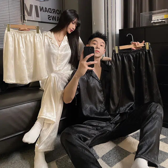 顶瓜瓜 夏季情侣清晰简约叶子印花家居服睡衣套装 男女同款