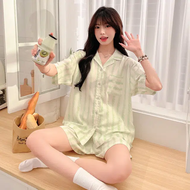 顶瓜瓜 棉质短袖短裤翻领开衫清新条纹两件套家居服夏季睡衣套装 女款
