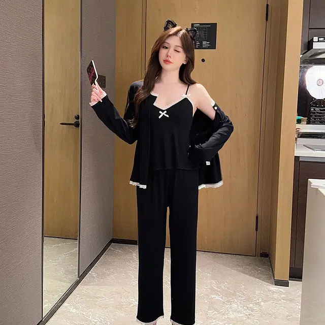 顶瓜瓜 简约舒适长袖上衣带胸垫吊带可外穿家居服长裤睡衣套装 女款