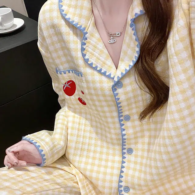 顶瓜瓜 空气夹层保暖加厚甜美格子纯色翻领开衫长袖长裤休闲家居服秋冬季睡衣套装 女款