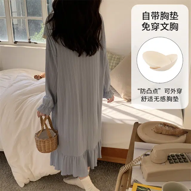 顶瓜瓜 带胸垫家居简约透气舒适长袖服睡裙 女款