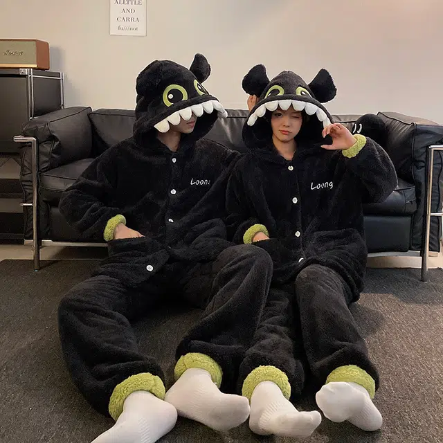顶瓜瓜 卡通可爱甜美风珊瑚绒保暖加绒加厚连帽秋冬季家居服睡衣套装 男女同款