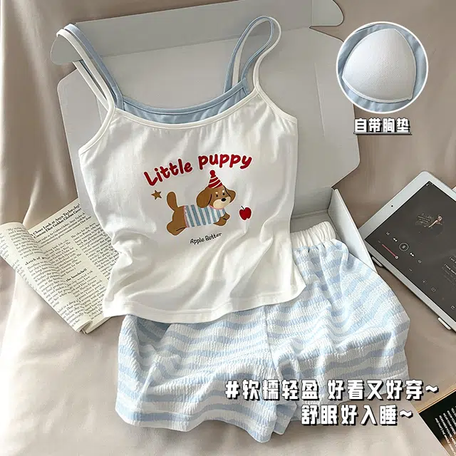 顶瓜瓜 可爱小狗图案无袖吊带简约舒适带胸垫可外穿家居服三分裤睡衣套装 女款