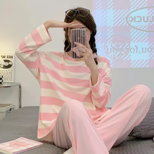 顶瓜瓜 圆领条纹图案简约舒适可外穿家居服睡衣套装 女款