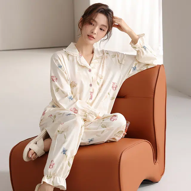 顶瓜瓜 国风长袖长裤休闲舒适花边家居服睡衣套装 女款