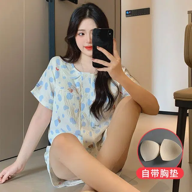 顶瓜瓜 带胸垫透气简约舒适时尚休闲居家夏季睡衣套装 女款