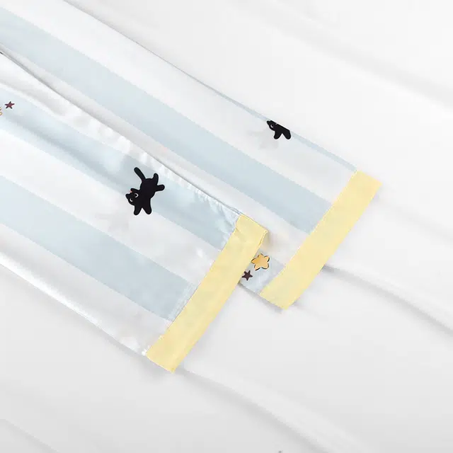 顶瓜瓜 冰丝短袖短裤翻领开衫可爱卡通条纹星星小黑猫凉感休闲三件套家居服夏季睡衣套装 女款