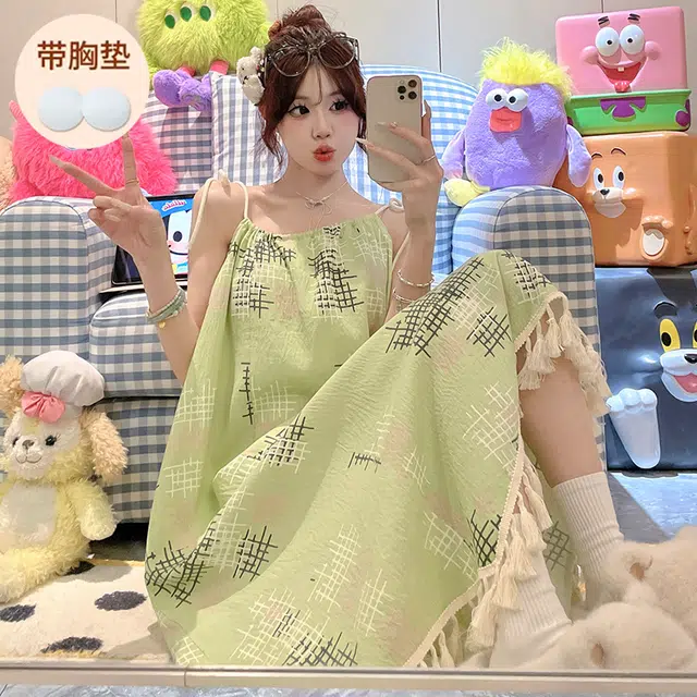顶瓜瓜 不可拆卸胸垫性感吊带无袖小清新条纹休闲家居服睡裙 女款 图片色